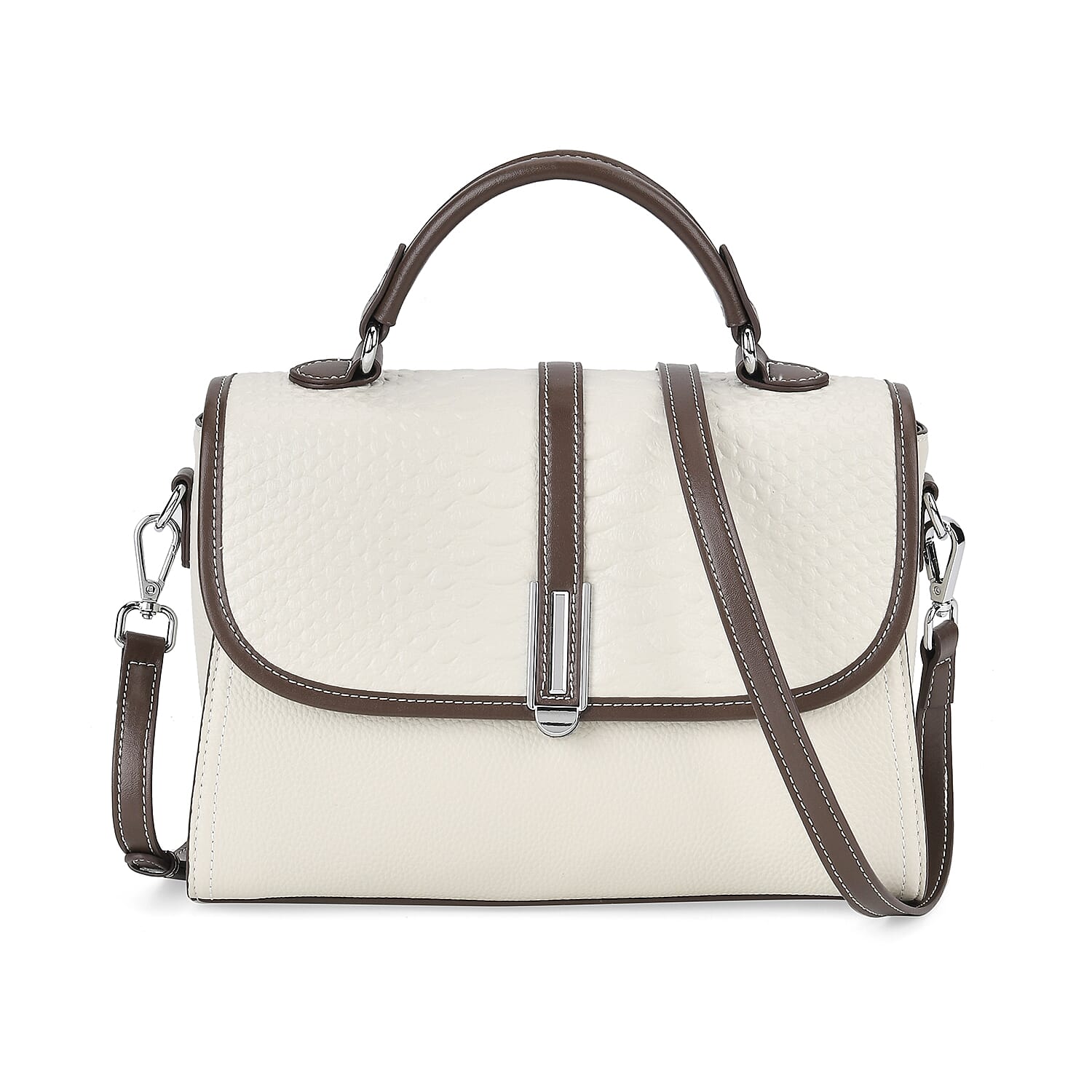 Genuine Leather Embossed Snake Pattern Crossbody Bag - Off White