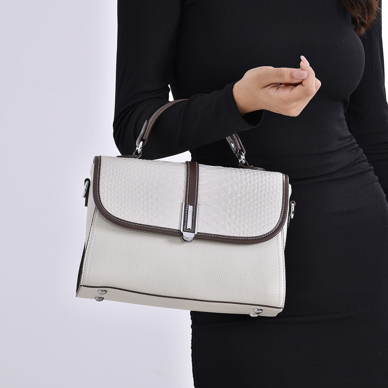 Genuine Leather Embossed Snake Pattern Crossbody Bag - Off White