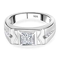 Moissanite Princess Cut Signet Ring in Rhodium Overlay Sterling Silver 1.23 ct.