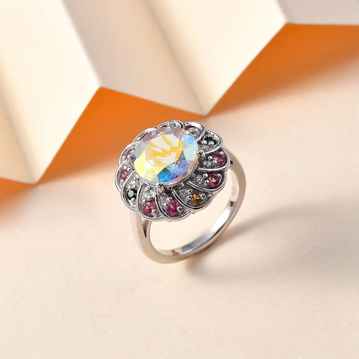 Mercury Mystic Topaz, Natural Zircon & Multi-Tourmaline Ring in Rhodium Overlay Sterling Silver 4.99 Ct.