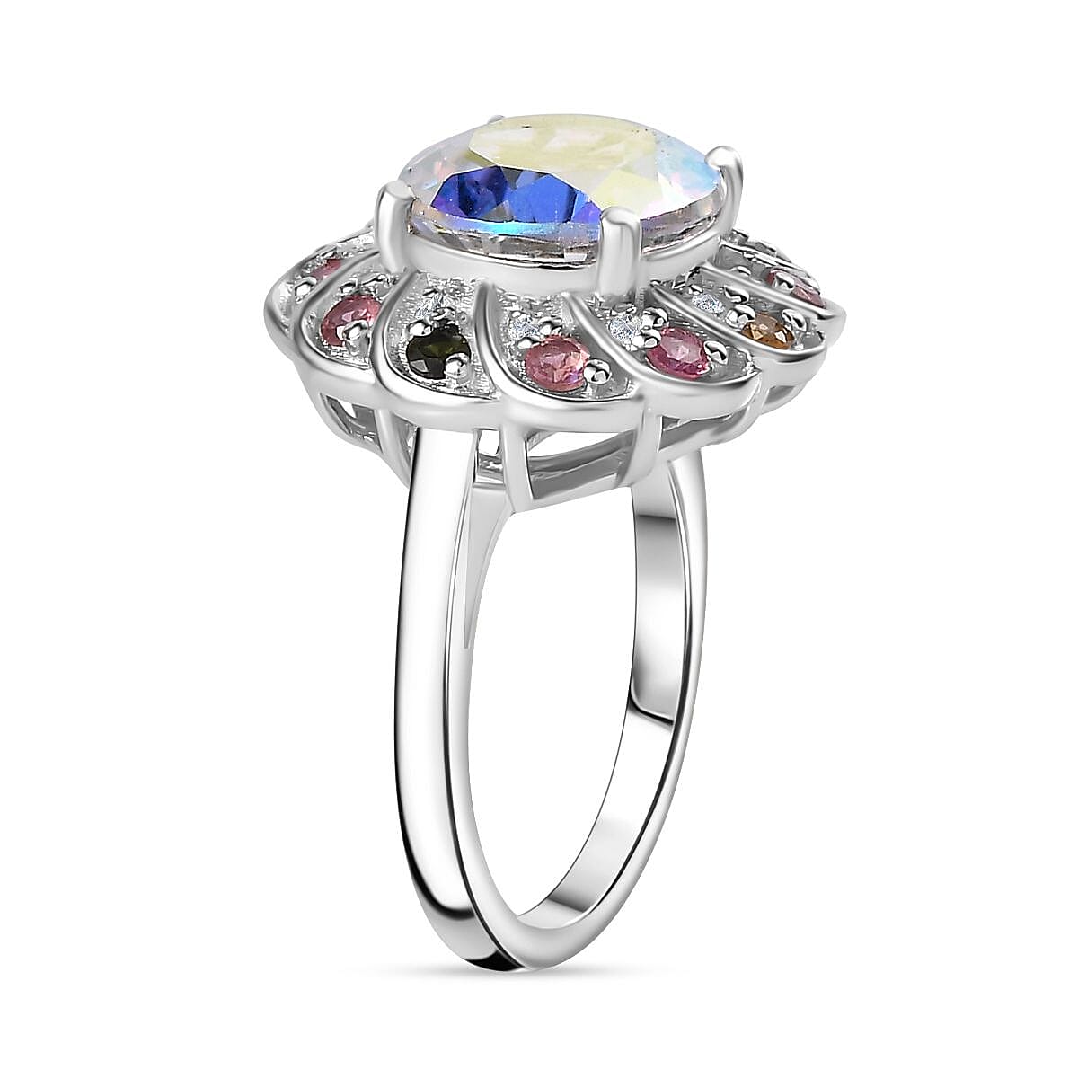 Mercury Mystic Topaz, Natural Zircon & Multi-Tourmaline Ring in Rhodium Overlay Sterling Silver 4.99 Ct.