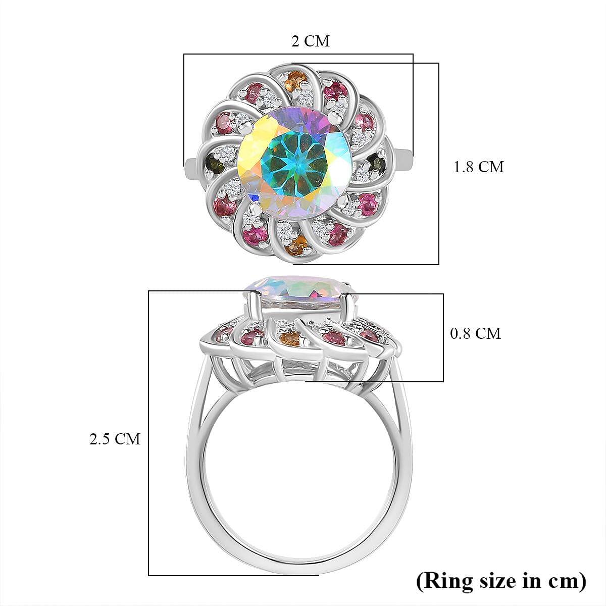 Mercury Mystic Topaz, Natural Zircon & Multi-Tourmaline Ring in Rhodium Overlay Sterling Silver 4.99 Ct.
