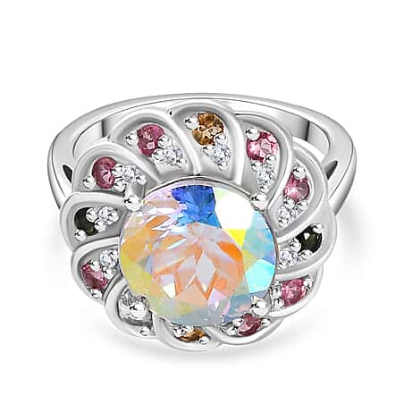Mercury Mystic Topaz, Natural Zircon and Multi-Tourmaline Floral Ring in Rhodium Overlay Sterling Silver 5.00 Ct, Silver Wt. 5 Gms