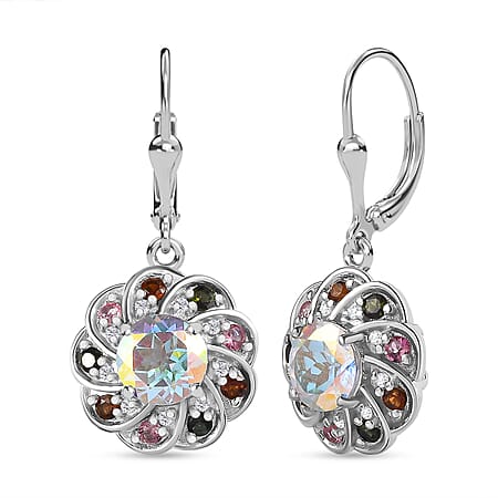 Mercury Mystic Topaz, Natural Zircon and Multi-Tourmaline Cluster Earrings in Rhodium Overlay Sterling Silver 3.85 Ct, Silver Wt. 5.34 Gms