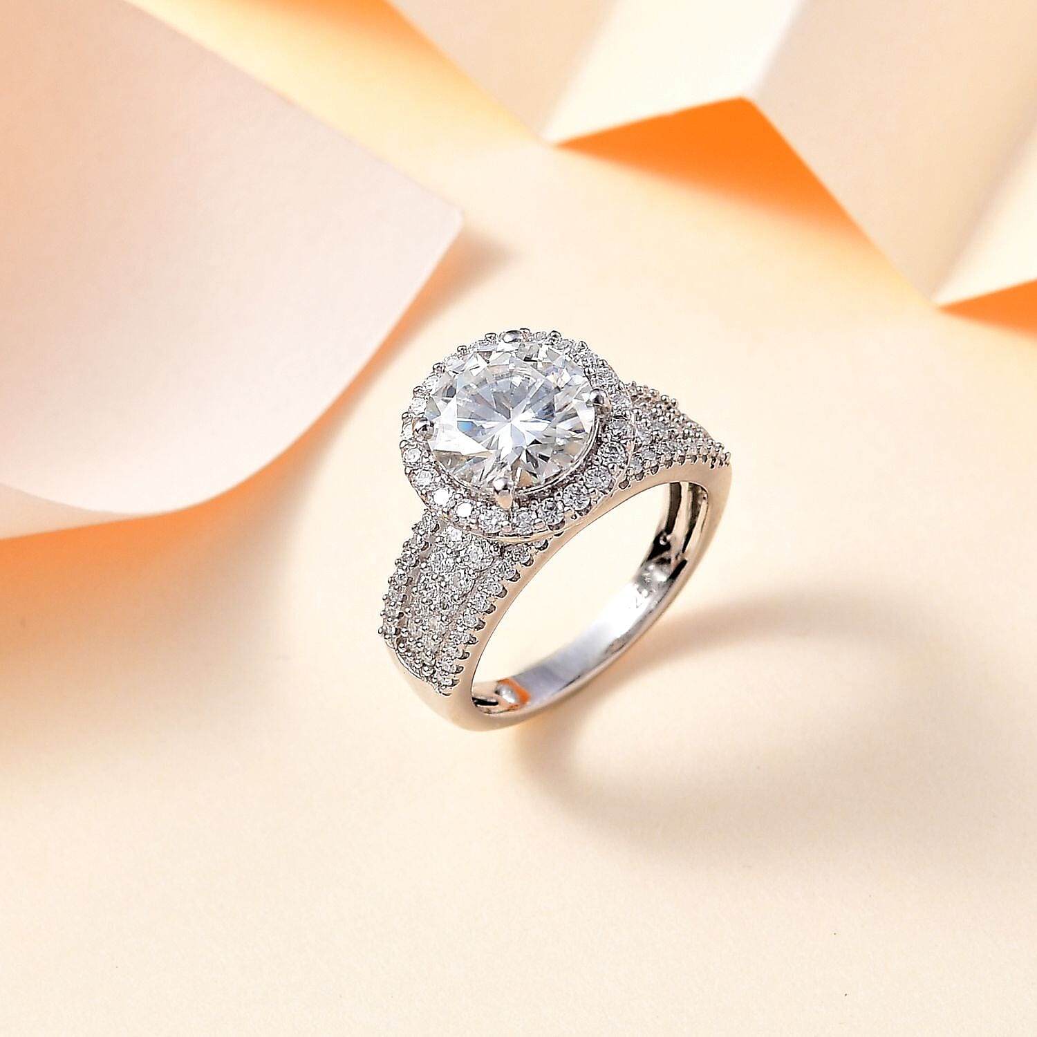 The North Star Moissanite Halo Ring in Platinum Overlay Sterling Silver 3.62  Ct.