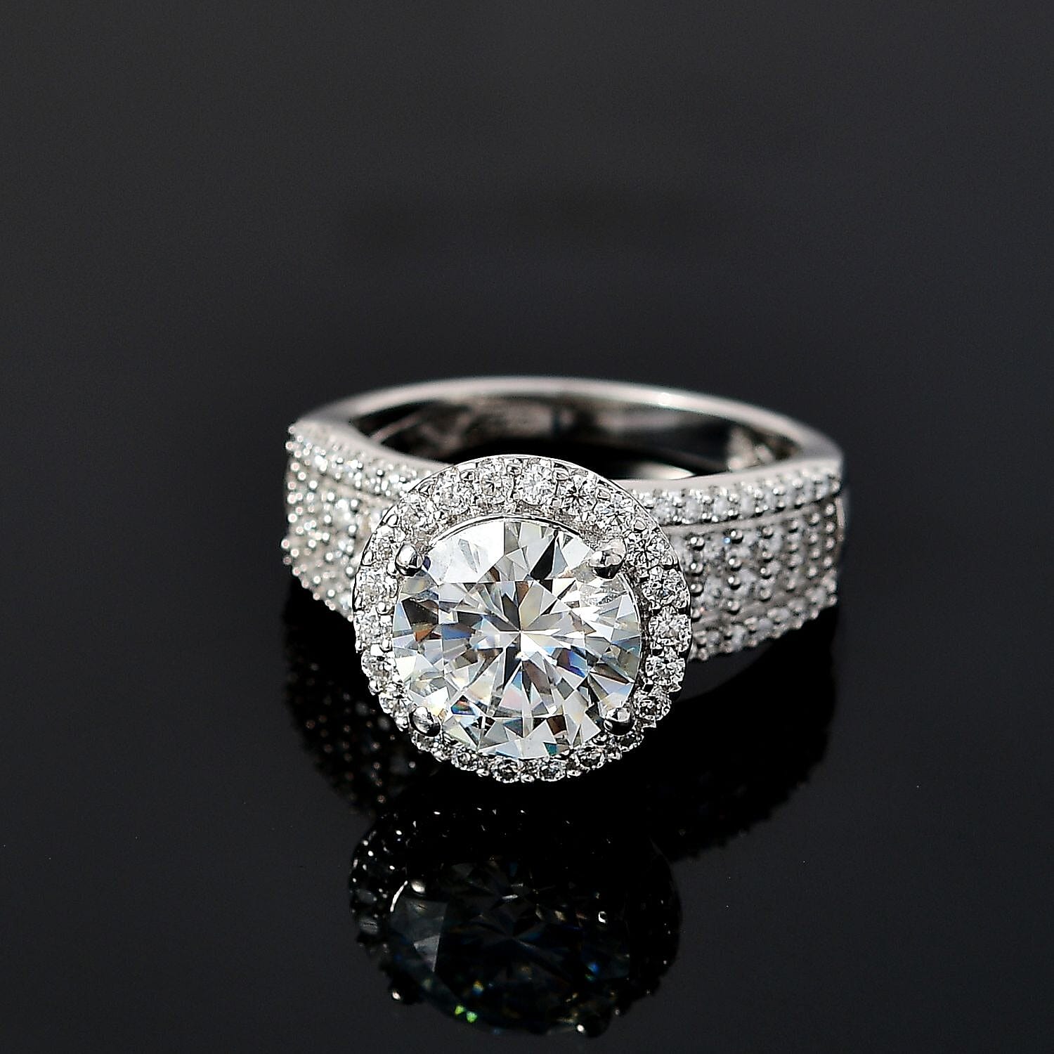 The North Star Moissanite Halo Ring in Platinum Overlay Sterling Silver 3.62  Ct.