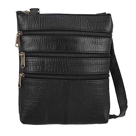 100% Genuine Leather Croco Embossed Crossbody Bag - Black