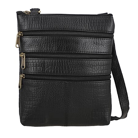 100% Genuine Leather Croco Embossed Crossbody Bag With Shoulder Strap - Black 100% Genuine Leather Croco Embossed Crossbody Bag With Shoulder Strap - Black