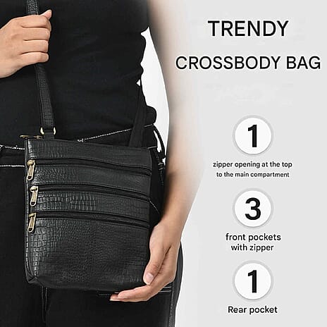 100% Genuine Leather Croco Embossed Crossbody Bag With Shoulder Strap - Black