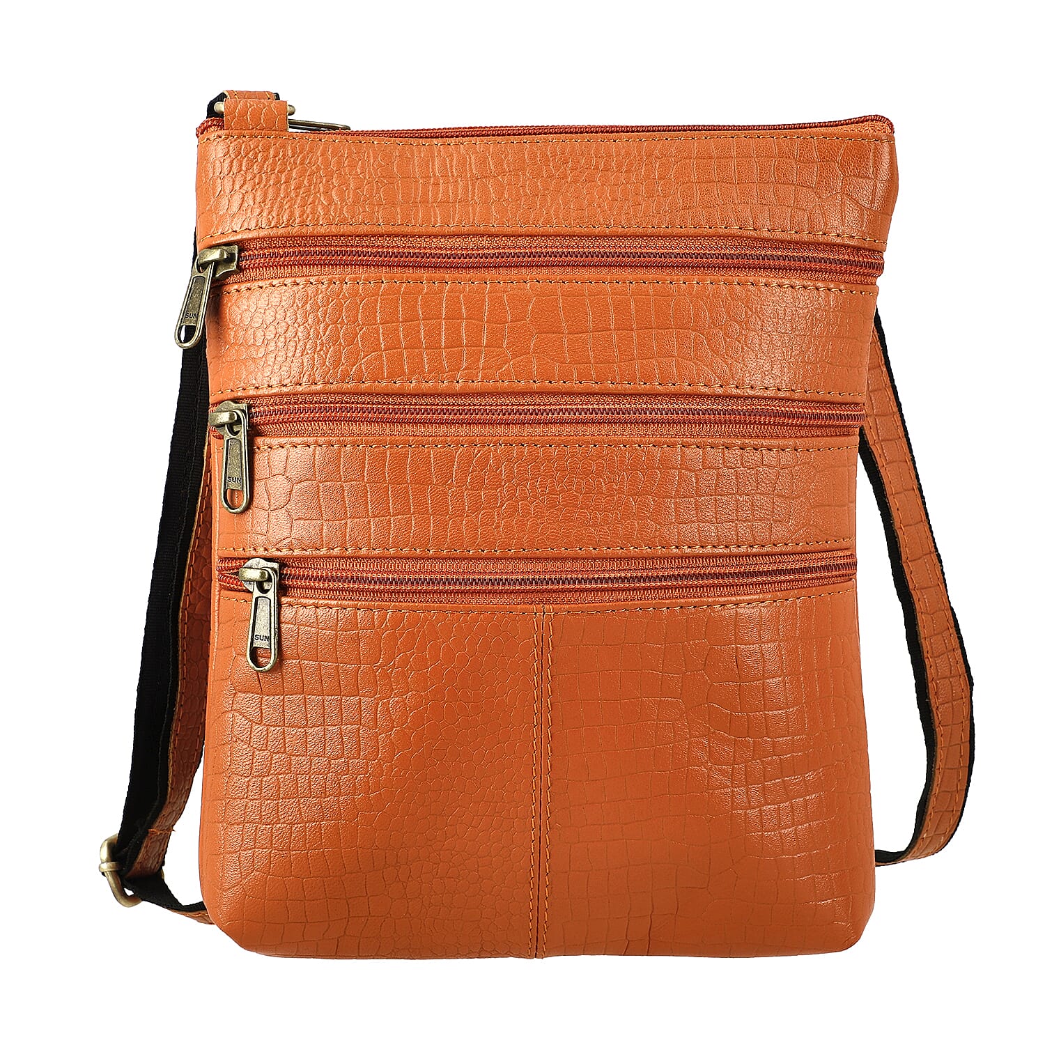 100% Genuine Leather Croco Embossed Crossbody Bag With Shoulder Strap - Orange
