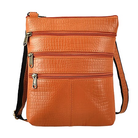 100% Genuine Leather Croco Embossed Crossbody Bag With Shoulder Strap - Orange