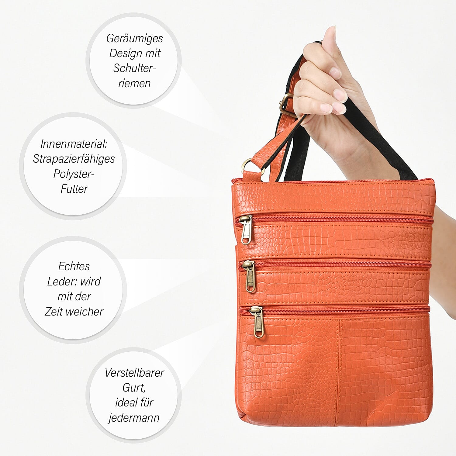 100% Genuine Leather Croco Embossed Crossbody Bag With Shoulder Strap - Orange