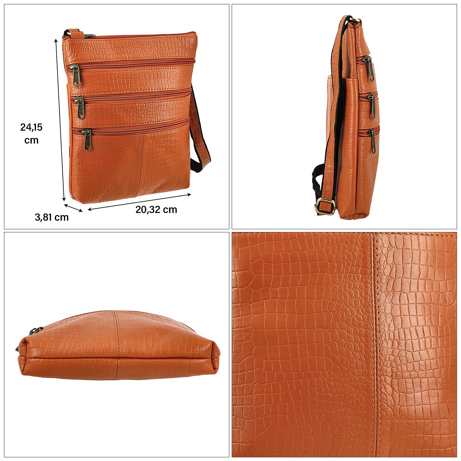 100% Genuine Leather Croco Embossed Crossbody Bag With Shoulder Strap - Orange