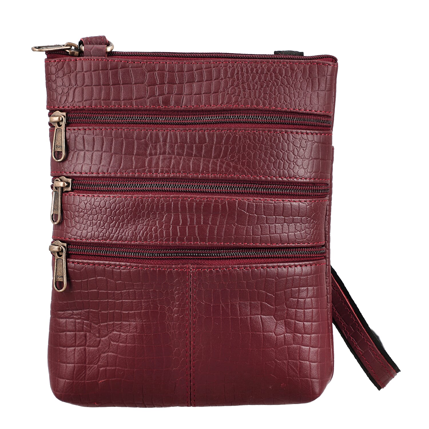 100% Genuine Leather Croco Embossed Crossbody Bag With Shoulder Strap - Burgundy