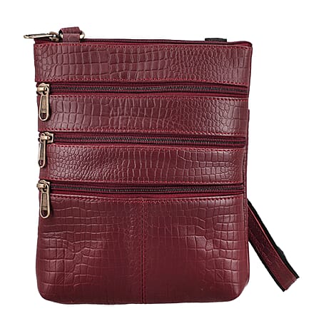 100% Genuine Leather Croco Embossed Crossbody Bag With Shoulder Strap - Burgundy 100% Genuine Leather Croco Embossed Crossbody Bag With Shoulder Strap - Burgundy