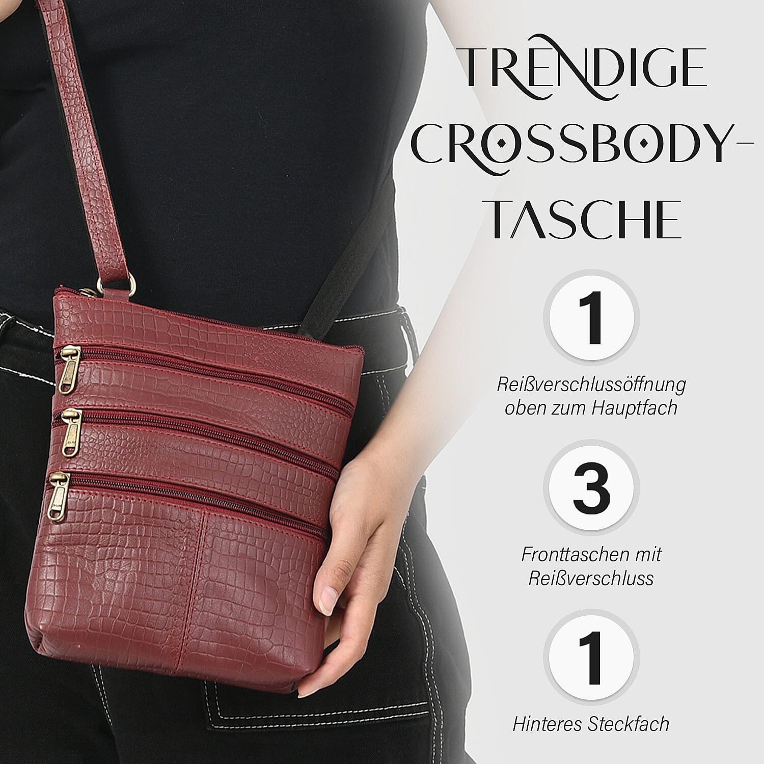 100% Genuine Leather Croco Embossed Crossbody Bag With Shoulder Strap - Burgundy