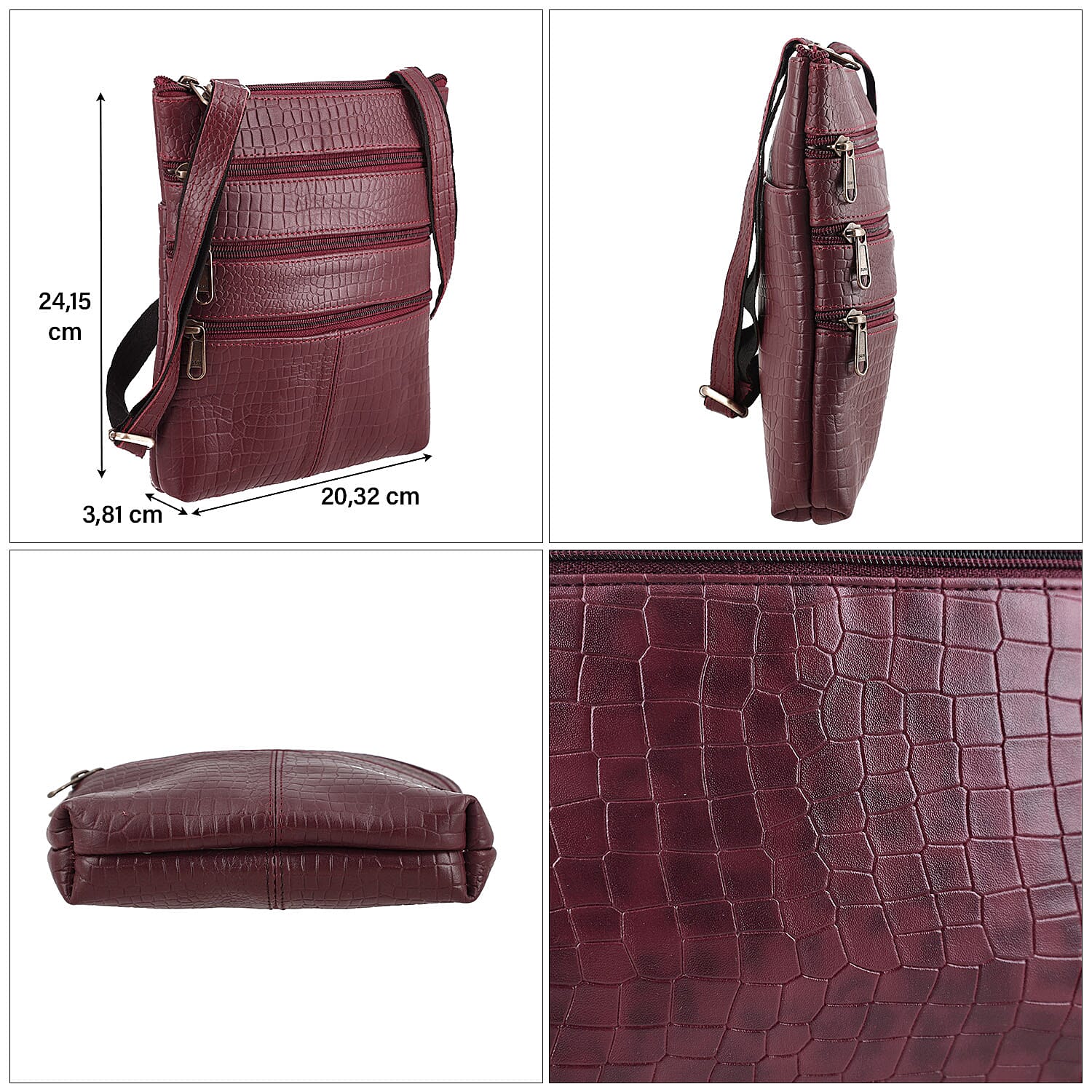 100% Genuine Leather Croco Embossed Crossbody Bag With Shoulder Strap - Burgundy