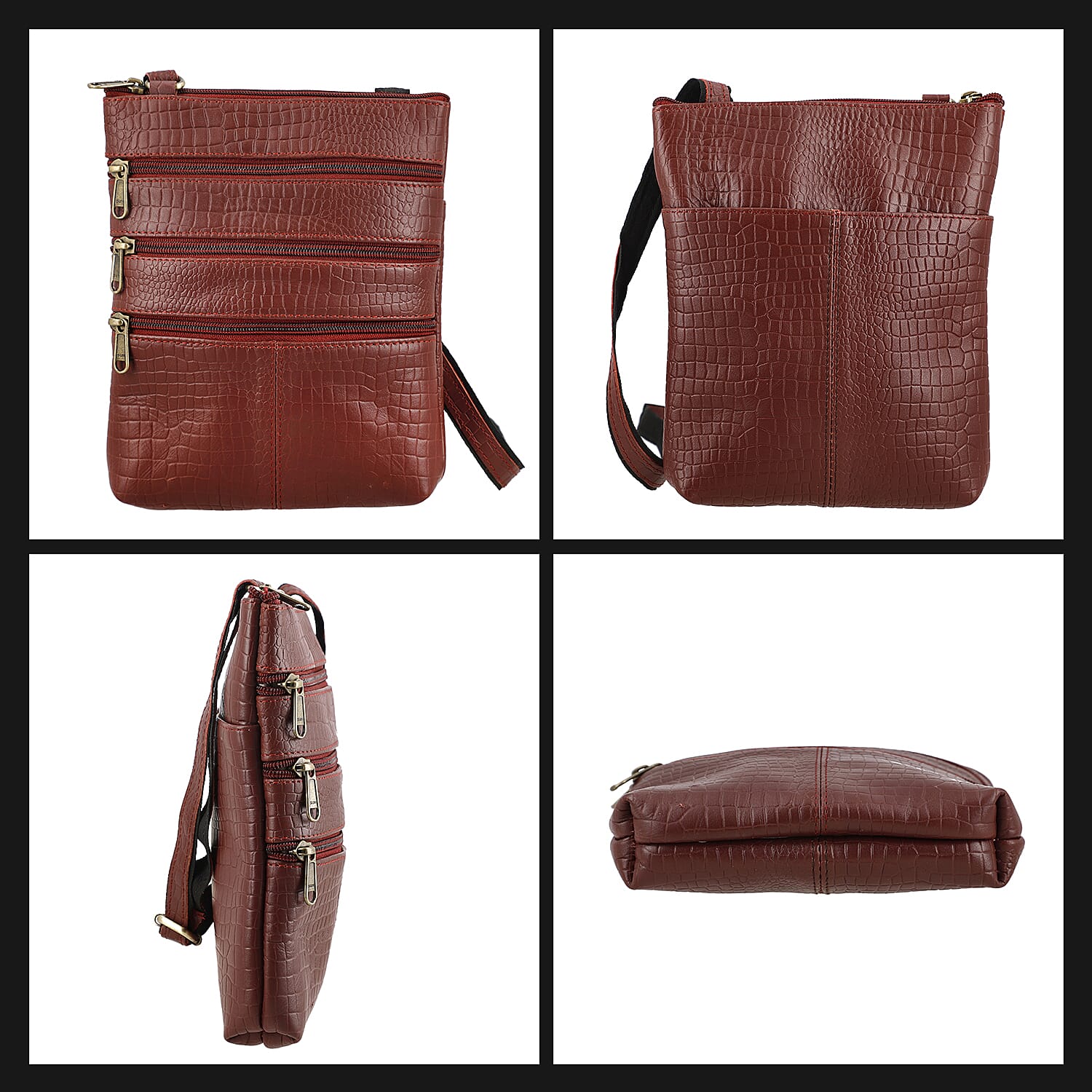 100% Genuine Leather Croco Embossed Crossbody Bag With Shoulder Strap - Burgundy