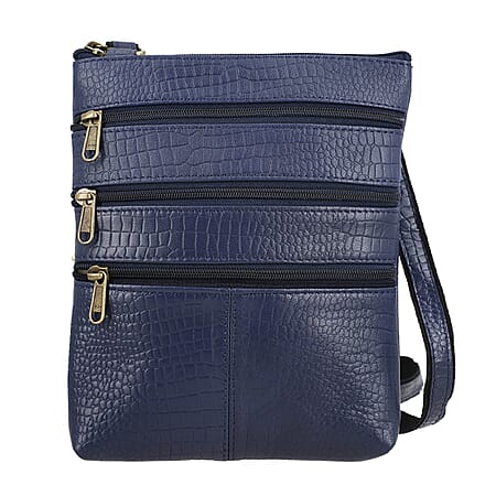 100% Genuine Leather Croco Embossed Crossbody Bag With Shoulder Strap- Navy 100% Genuine Leather Croco Embossed Crossbody Bag With Shoulder Strap- Navy
