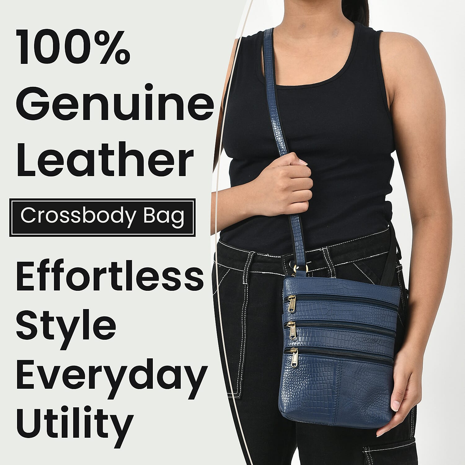 100% Genuine Leather Croco Embossed Crossbody Bag With Shoulder Strap- Navy