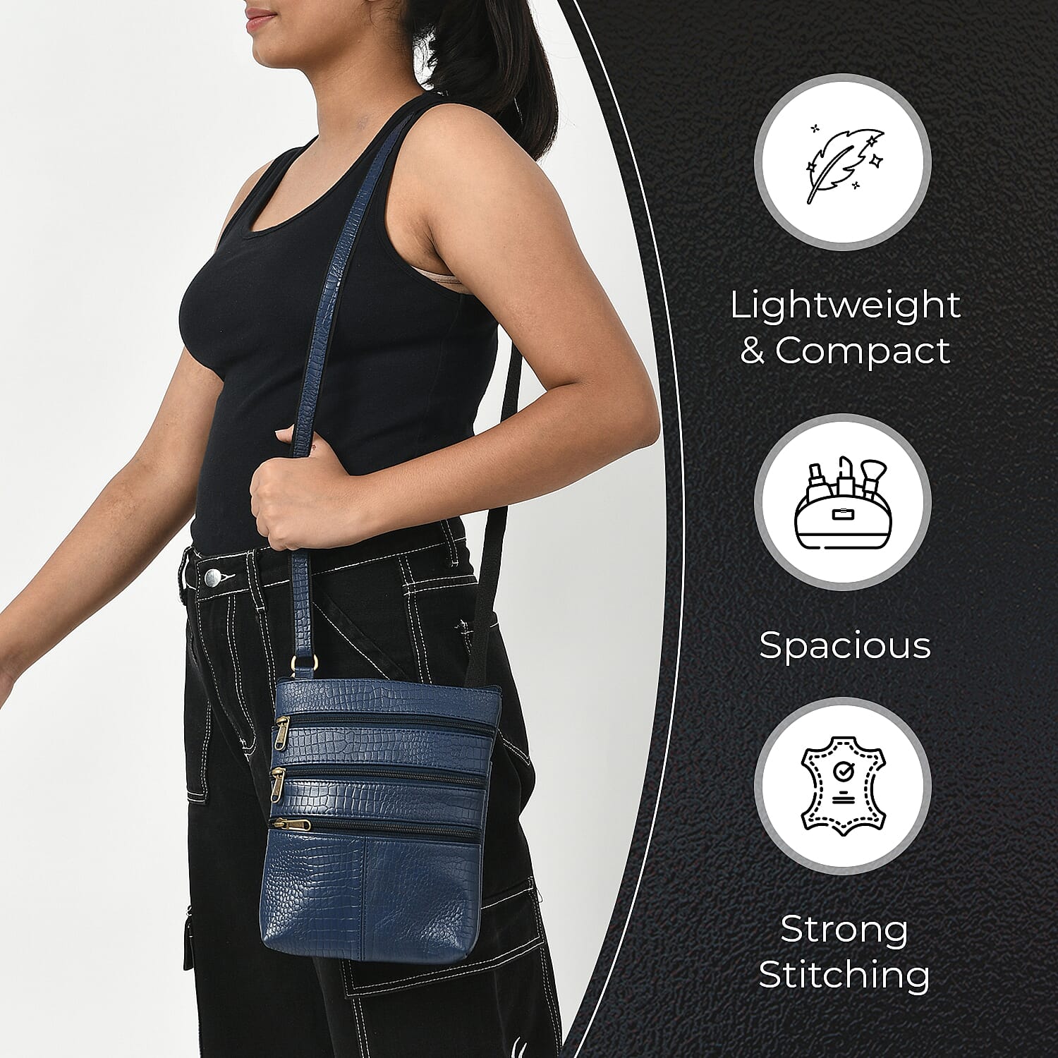 100% Genuine Leather Croco Embossed Crossbody Bag With Shoulder Strap- Navy