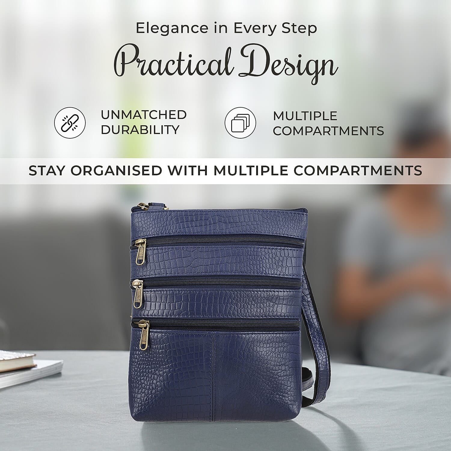 100% Genuine Leather Croco Embossed Crossbody Bag With Shoulder Strap- Navy