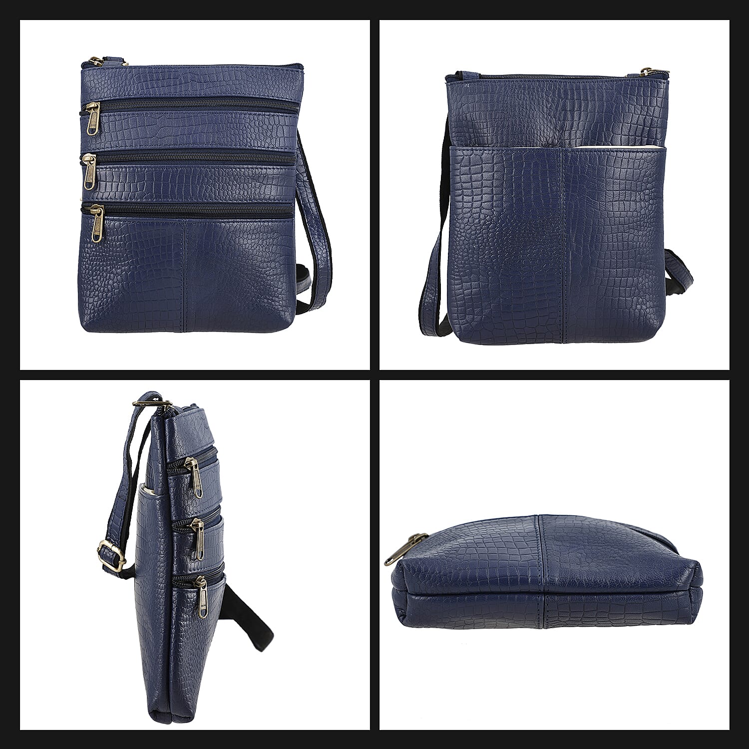 100% Genuine Leather Croco Embossed Crossbody Bag With Shoulder Strap- Navy