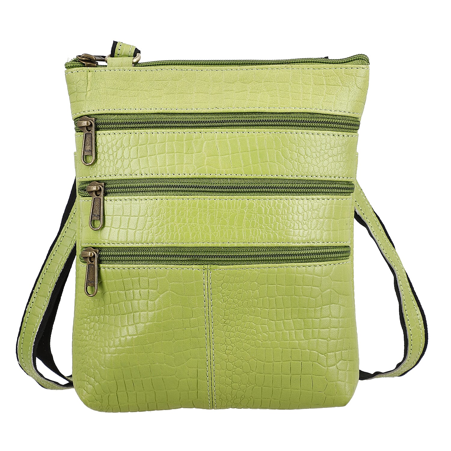 100% Genuine Leather Croco Embossed Crossbody Bag With Shoulder Strap - Green