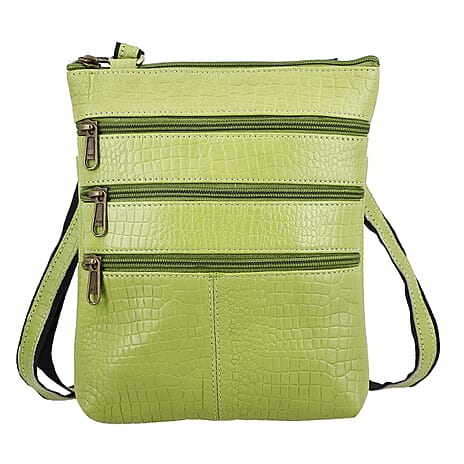 100% Genuine Leather Croco Embossed Crossbody Bag With Shoulder Strap - Green