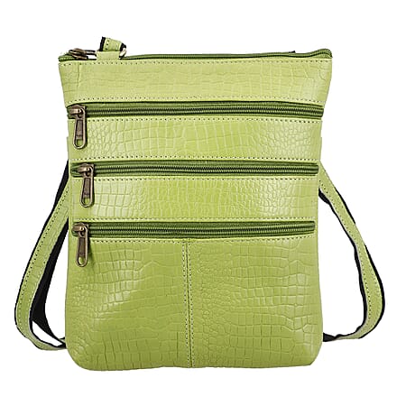 100% Genuine Leather Croco Embossed Crossbody Bag With Shoulder Strap - Green 100% Genuine Leather Croco Embossed Crossbody Bag With Shoulder Strap - Green