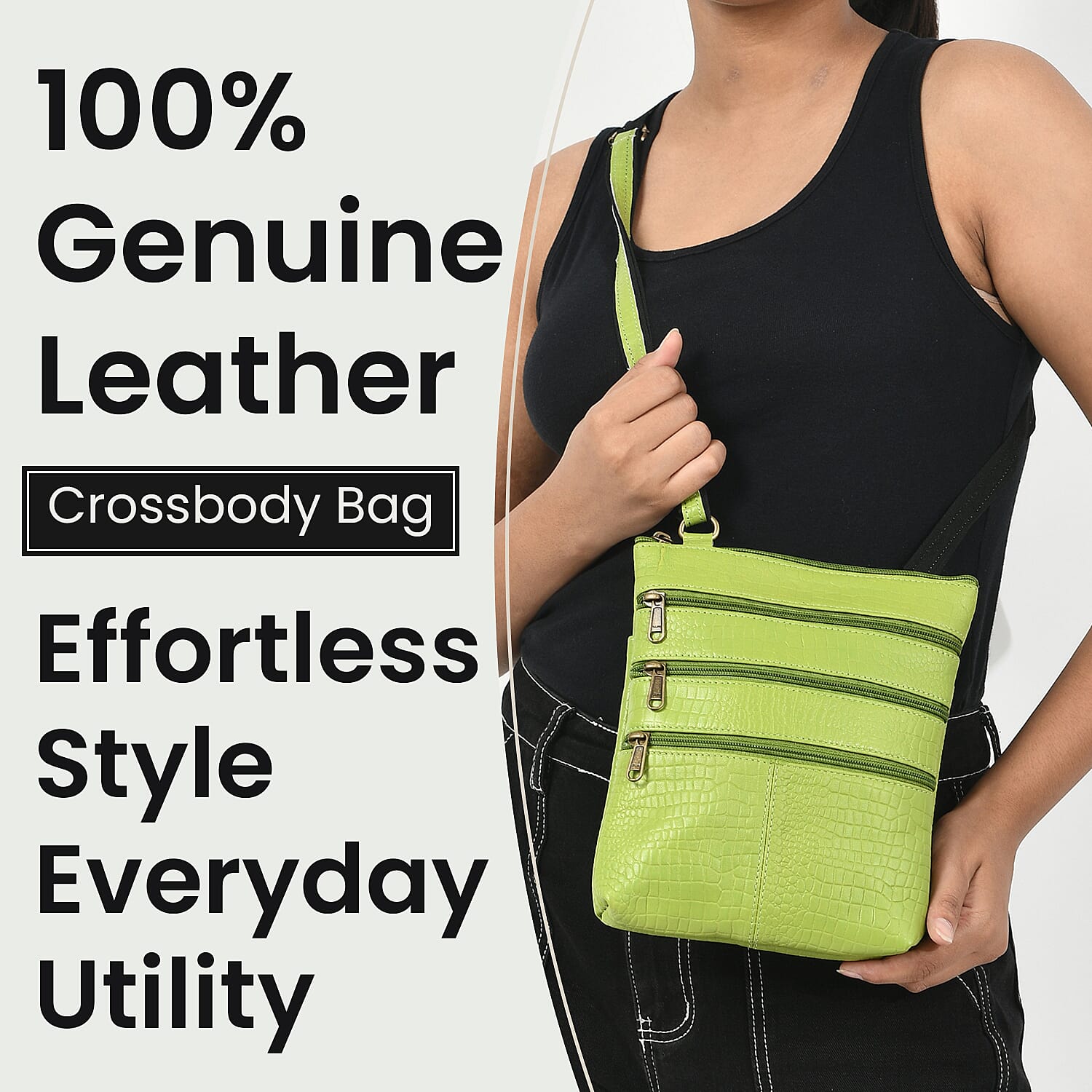 100% Genuine Leather Croco Embossed Crossbody Bag With Shoulder Strap - Green