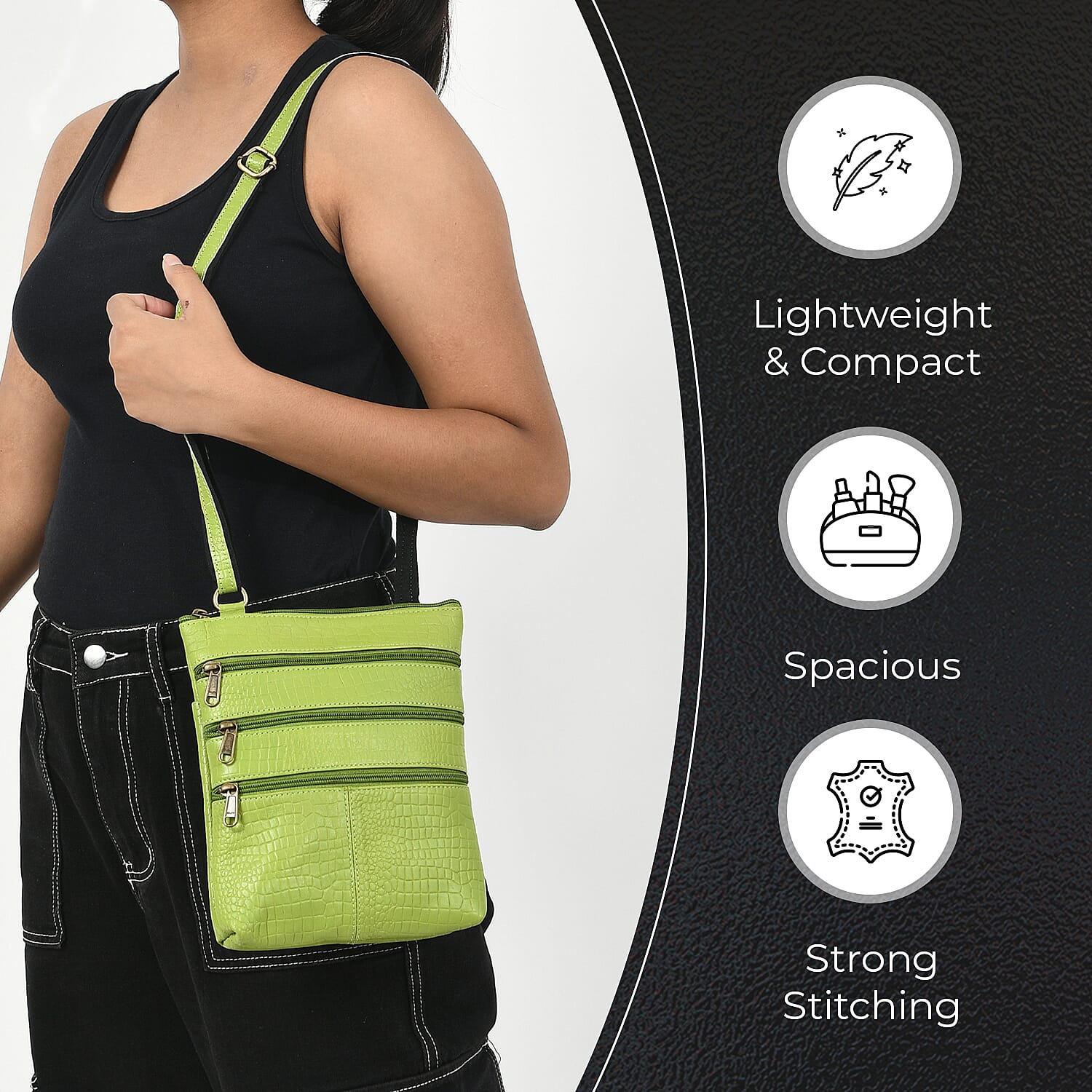 100% Genuine Leather Croco Embossed Crossbody Bag With Shoulder Strap - Green