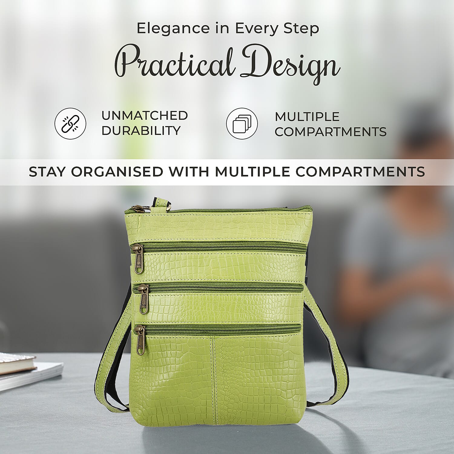 100% Genuine Leather Croco Embossed Crossbody Bag With Shoulder Strap - Green