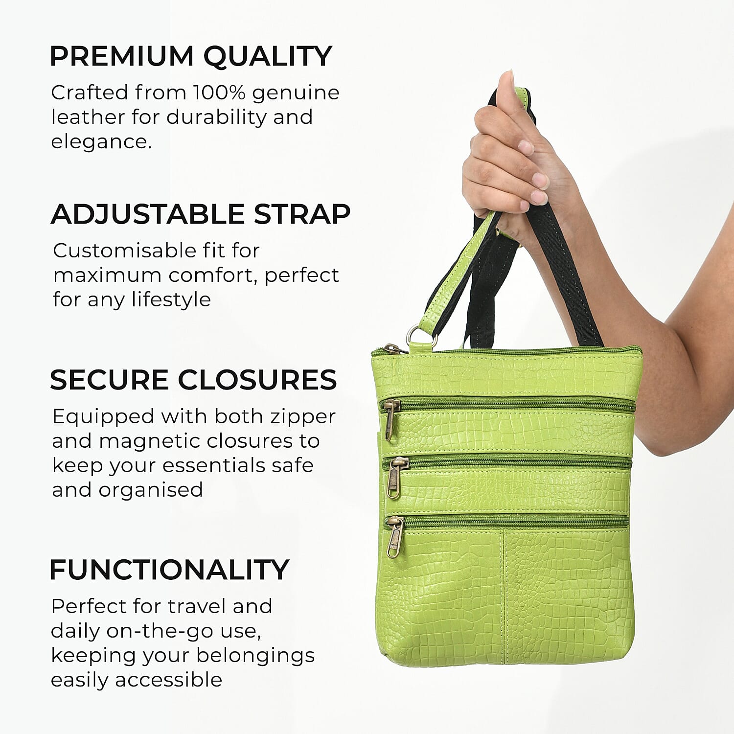 100% Genuine Leather Croco Embossed Crossbody Bag With Shoulder Strap - Green