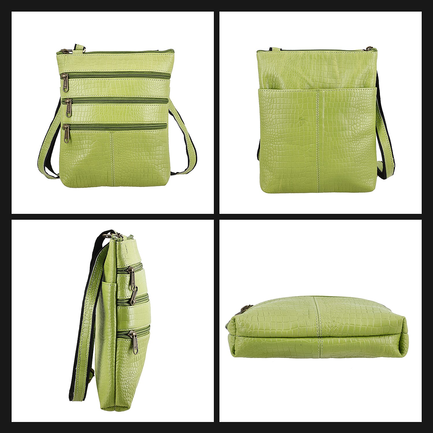 100% Genuine Leather Croco Embossed Crossbody Bag With Shoulder Strap - Green
