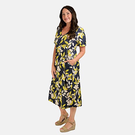 Styled by Leaf Print Midi Dress (Size L) - Navy