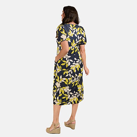 Styled by Leaf Print Midi Dress (Size L) - Navy