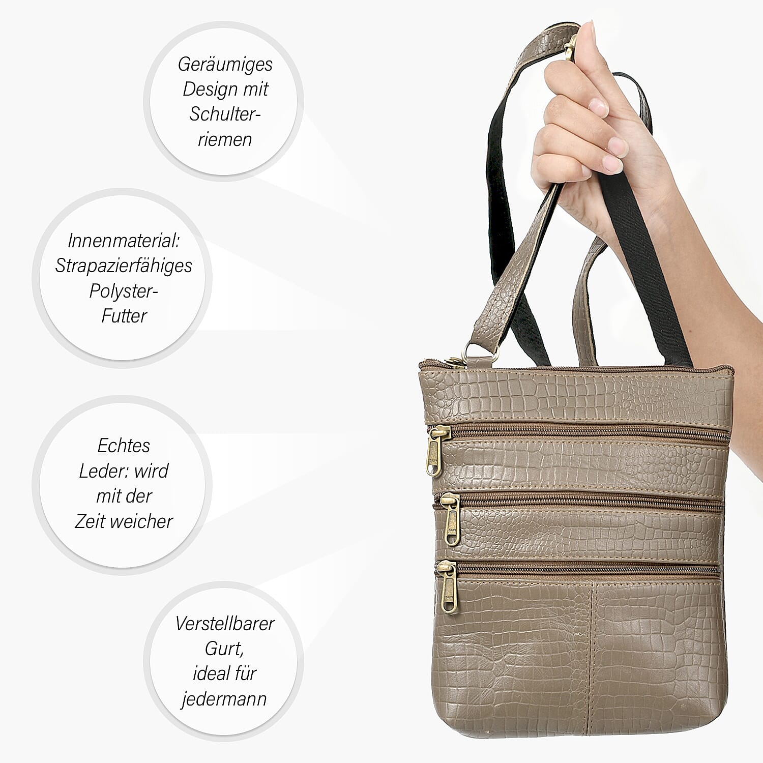 100% Genuine Leather Croco Embossed Crossbody Bag With Shoulder Strap - Taupe