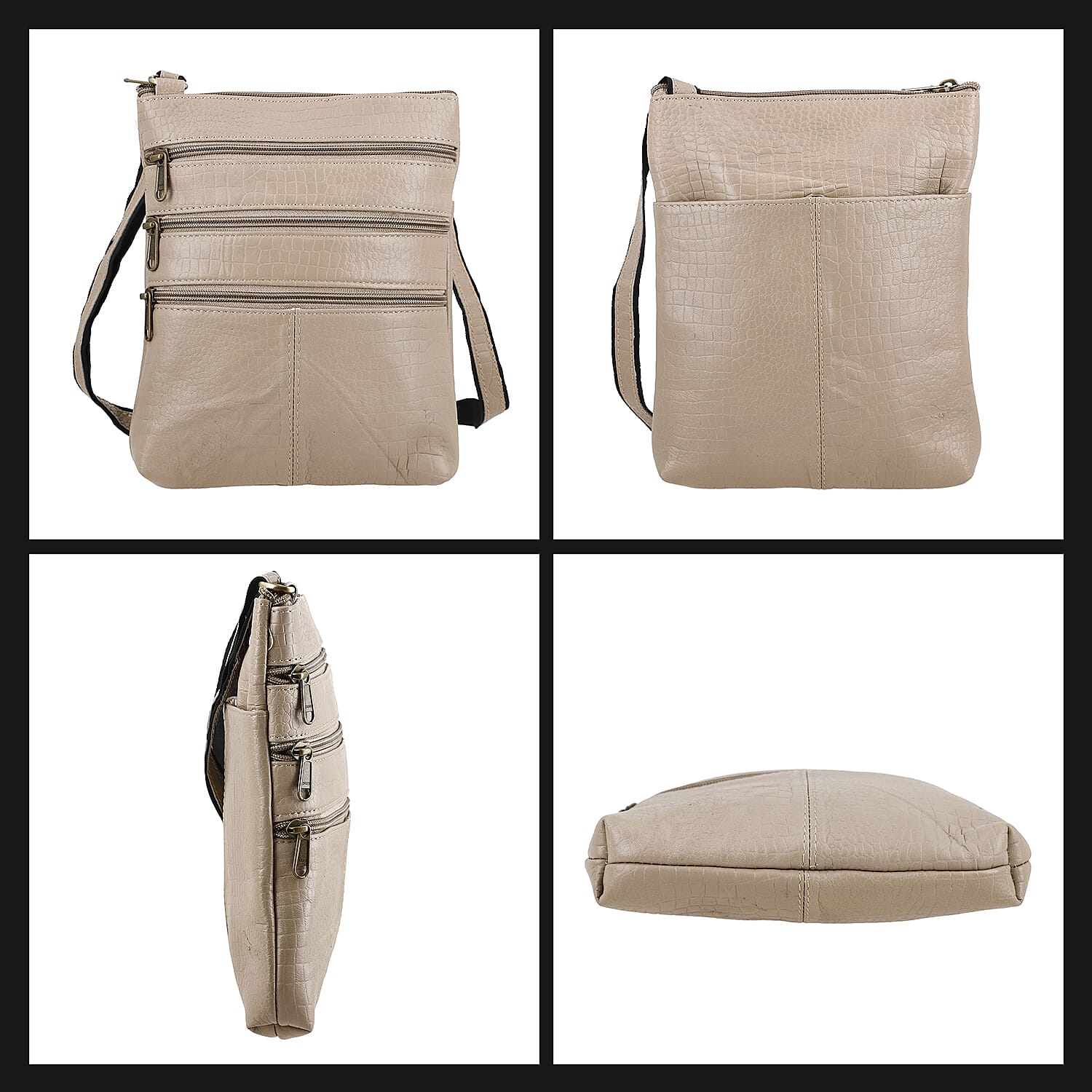 100% Genuine Leather Croco Embossed Crossbody Bag With Shoulder Strap - Taupe