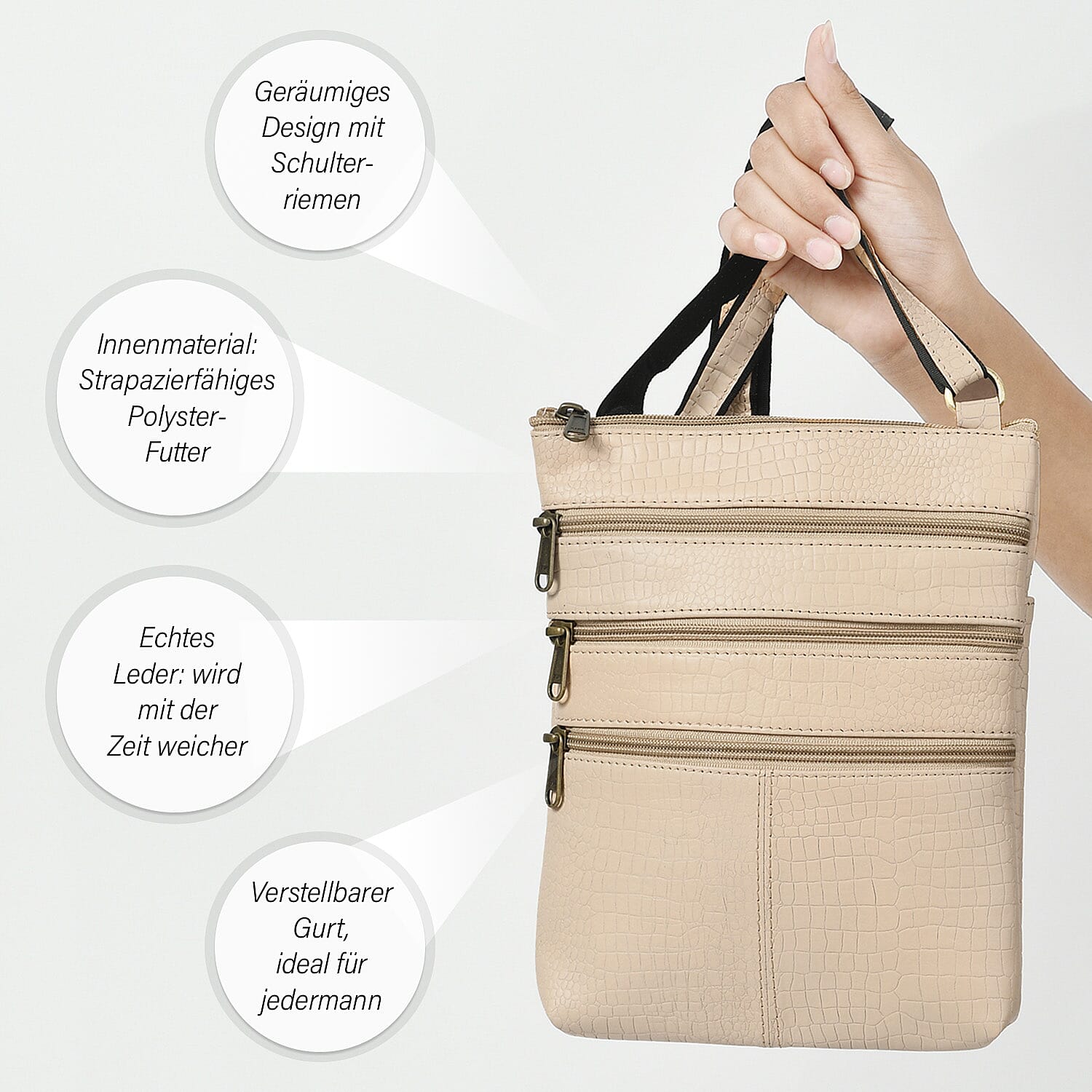 100% Genuine Leather Croco Embossed Crossbody Bag With Shoulder Strap - Beige