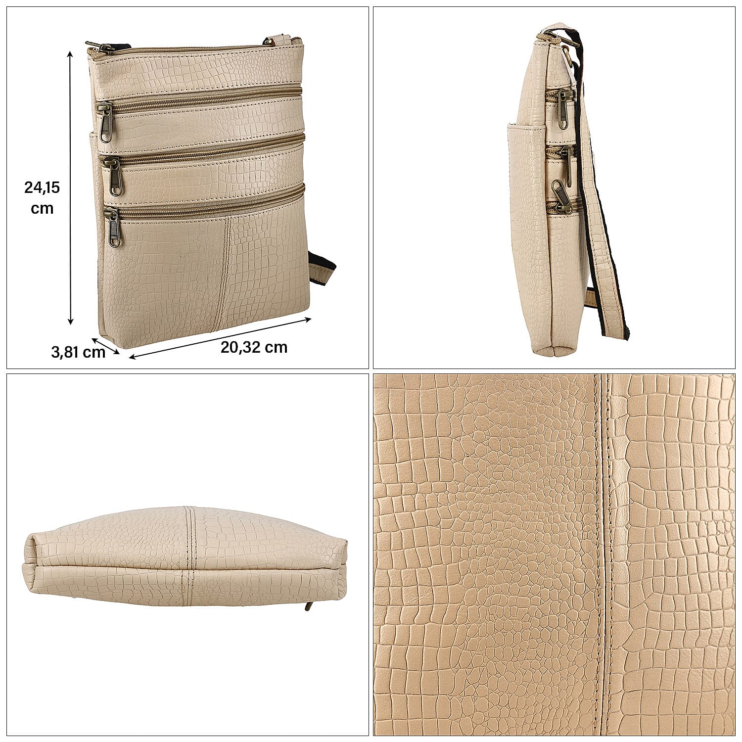 100% Genuine Leather Croco Embossed Crossbody Bag With Shoulder Strap - Beige