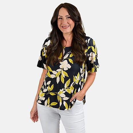 Styled by Leaf Pattern Flutter Sleeve Top (Size L) - Navy