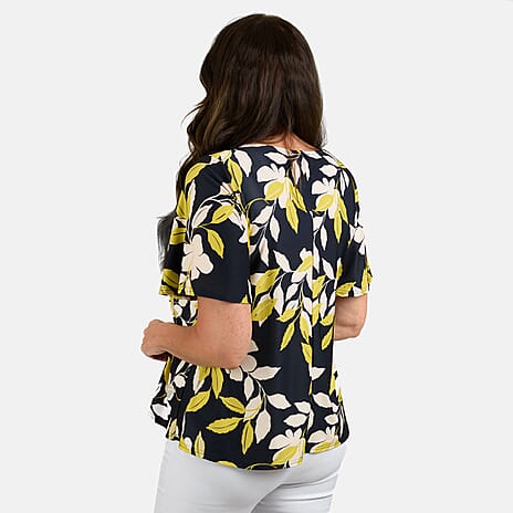 Styled by Leaf Pattern Flutter Sleeve Top (Size L) - Navy