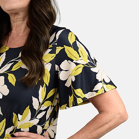 Styled by Leaf Pattern Flutter Sleeve Top (Size L) - Navy