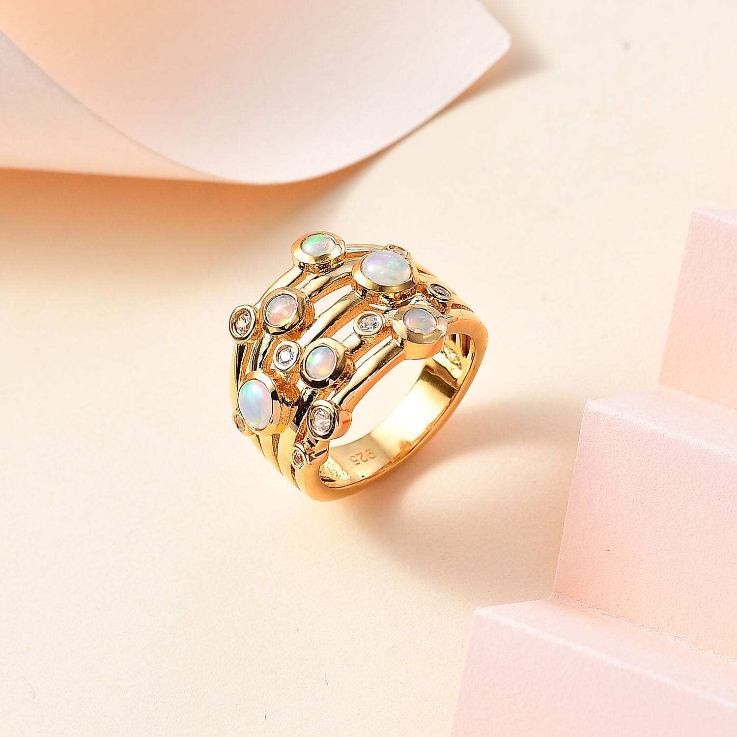 Ethiopian Welo Opal and Natural Zircon Bubble Ring in 18K Gold Vermeil Sterling Silver 1.10 ct, Silver Wt. 6.93 Gms