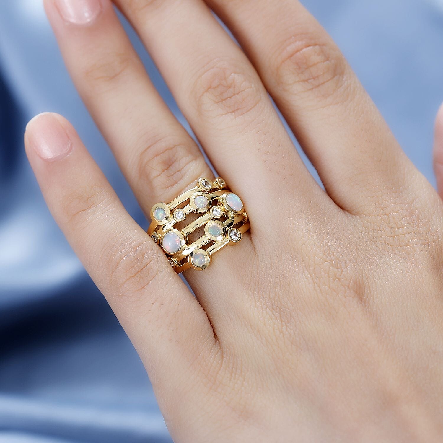 Ethiopian Welo Opal and Natural Zircon Bubble Ring in 18K Gold Vermeil Sterling Silver 1.10 ct, Silver Wt. 6.93 Gms