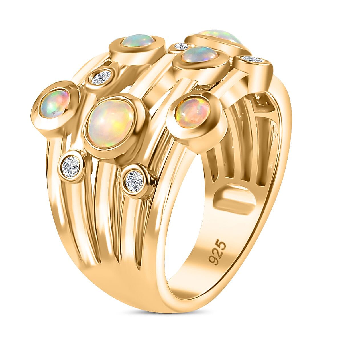 Ethiopian Welo Opal and Natural Zircon Bubble Ring in 18K Gold Vermeil Sterling Silver 1.10 ct, Silver Wt. 6.93 Gms