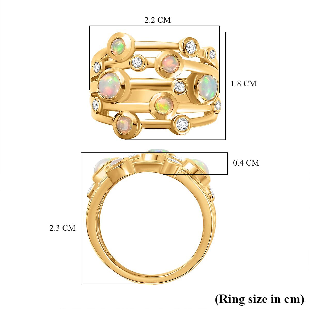 Ethiopian Welo Opal and Natural Zircon Bubble Ring in 18K Gold Vermeil Sterling Silver 1.10 ct, Silver Wt. 6.93 Gms