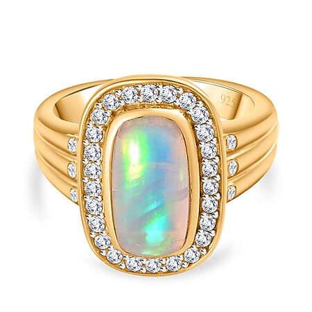 Ethiopian Welo Opal, Natural Zircon Halo Ring in 18K Gold Vermeil Plated Sterling Silver 1.92 Ct