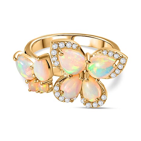 Ethiopian Welo Opal & Natural Zircon Floral Ring in 18K Vermeil Yellow Gold Plated Sterling Silver 2.28 Ct